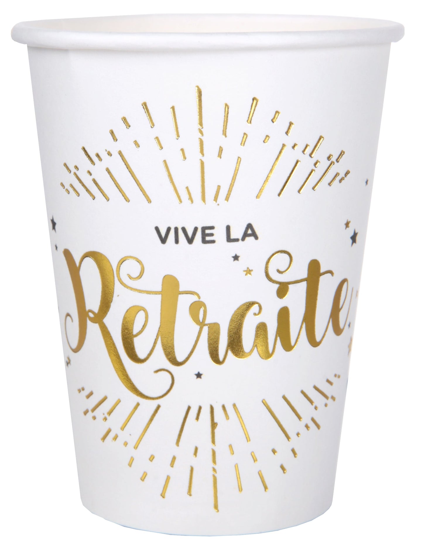 Gobelets en carton vive la retraite pour décoration blanc et doré