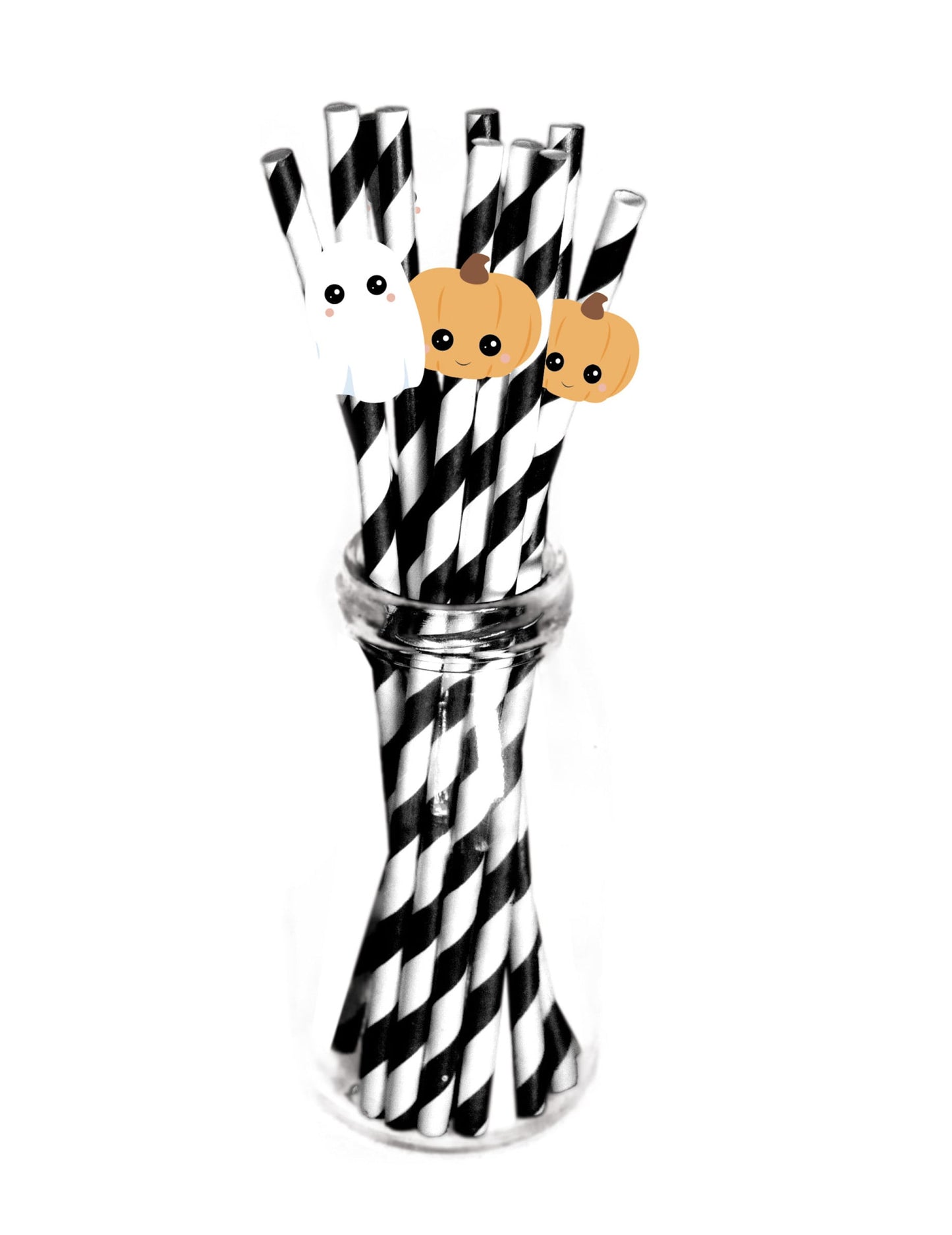 Pailles en carton Sweety Halloween pour fête noires et blanches à motifs citrouilles et fantôme