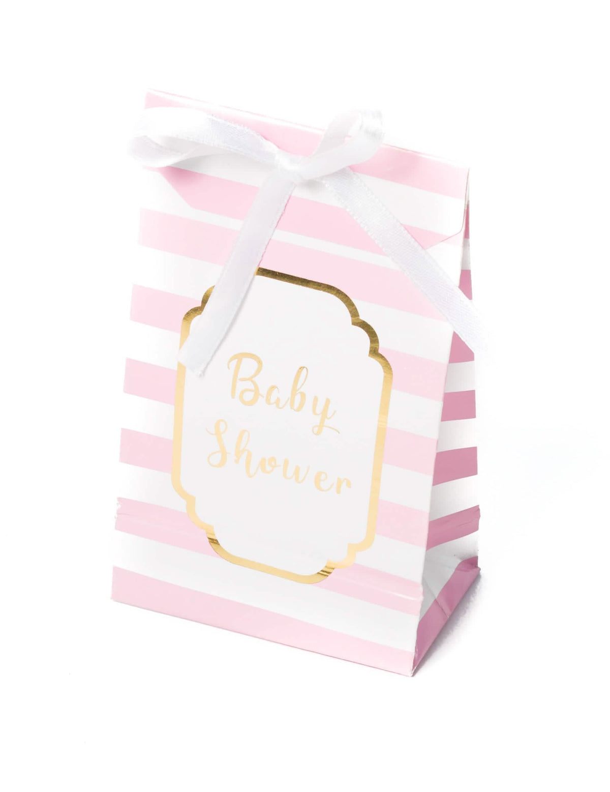 Baby shower -lahjapussit, vaaleanpunainen ja kulta raidalliset, valkoisella nauhalla