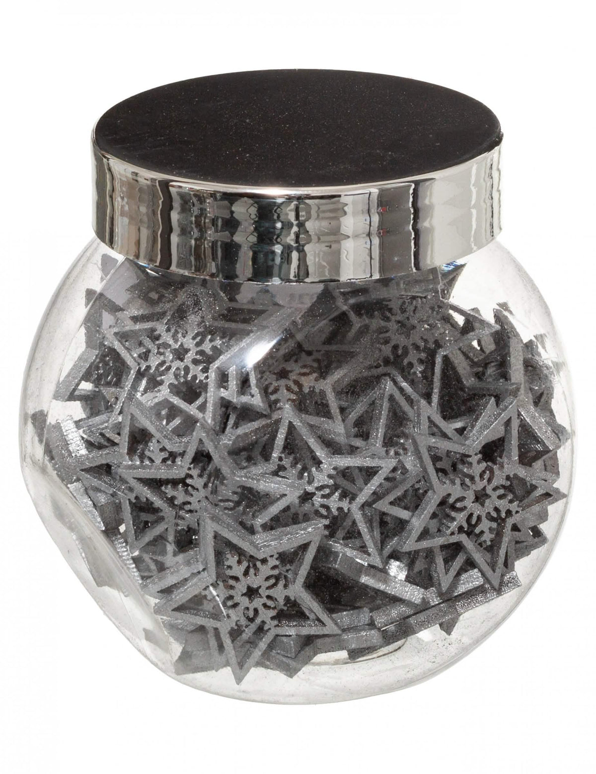 Gros plan sur le motif flocon de neige des décorations étoiles pour table argentées en bois à paillettes