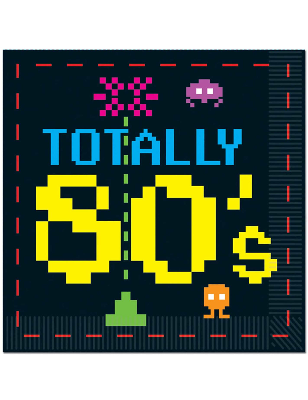 servetit 80-luvun videopelimotiiveilla juhliin, mustat pixel art -kuvioiset