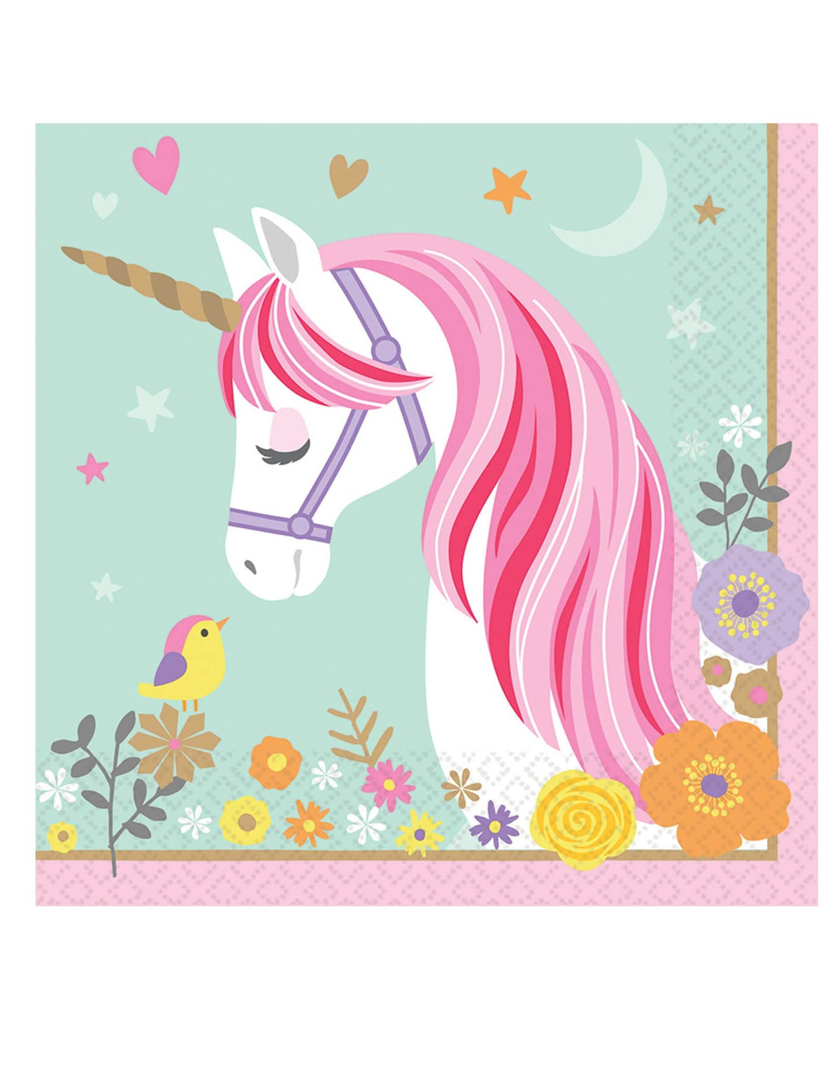 Serviettes en papier jolie licorne magique pour enfant rose et menthe