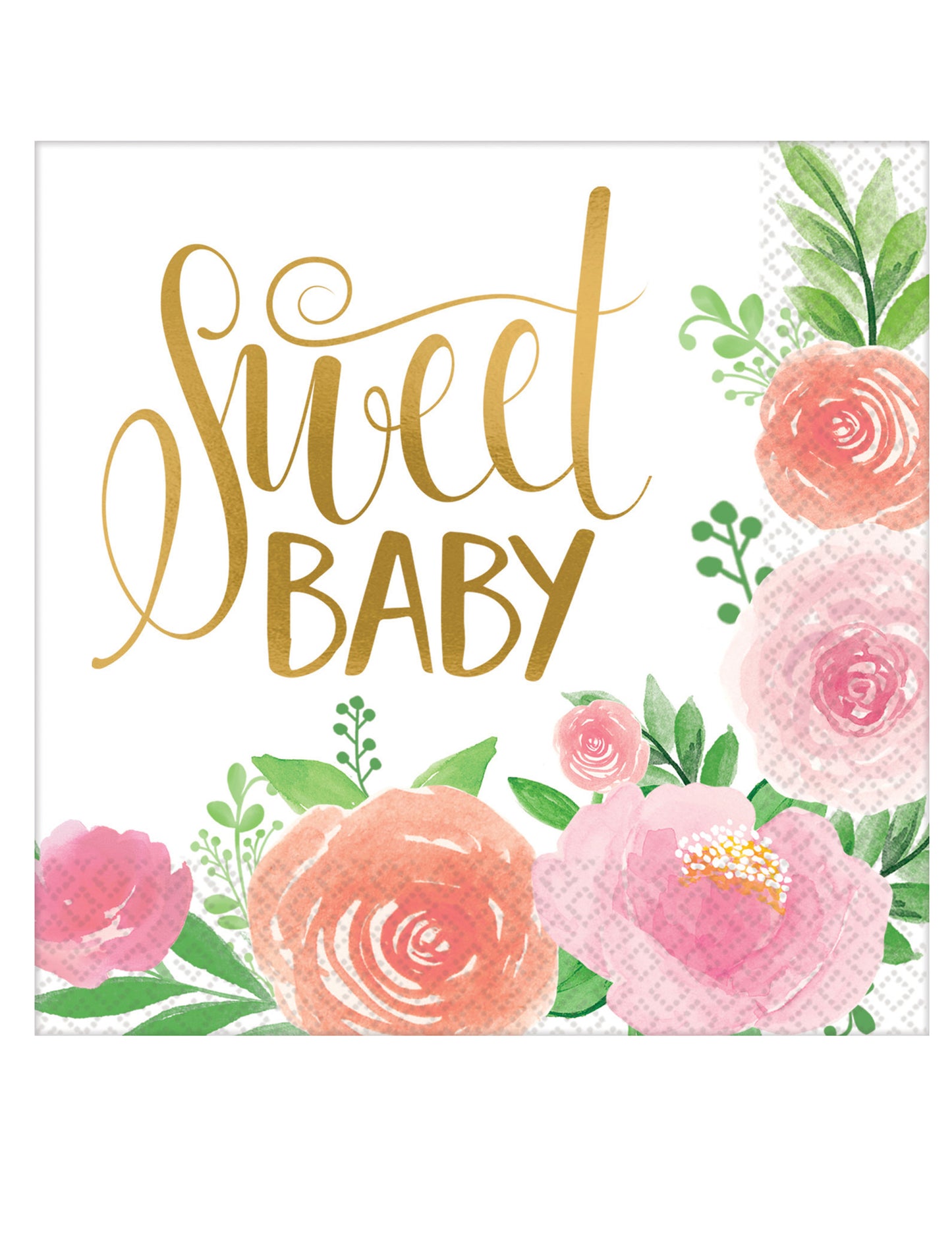 Serviettes en papier Sweet Baby pour fille blanches à fleurs roses et dorées
