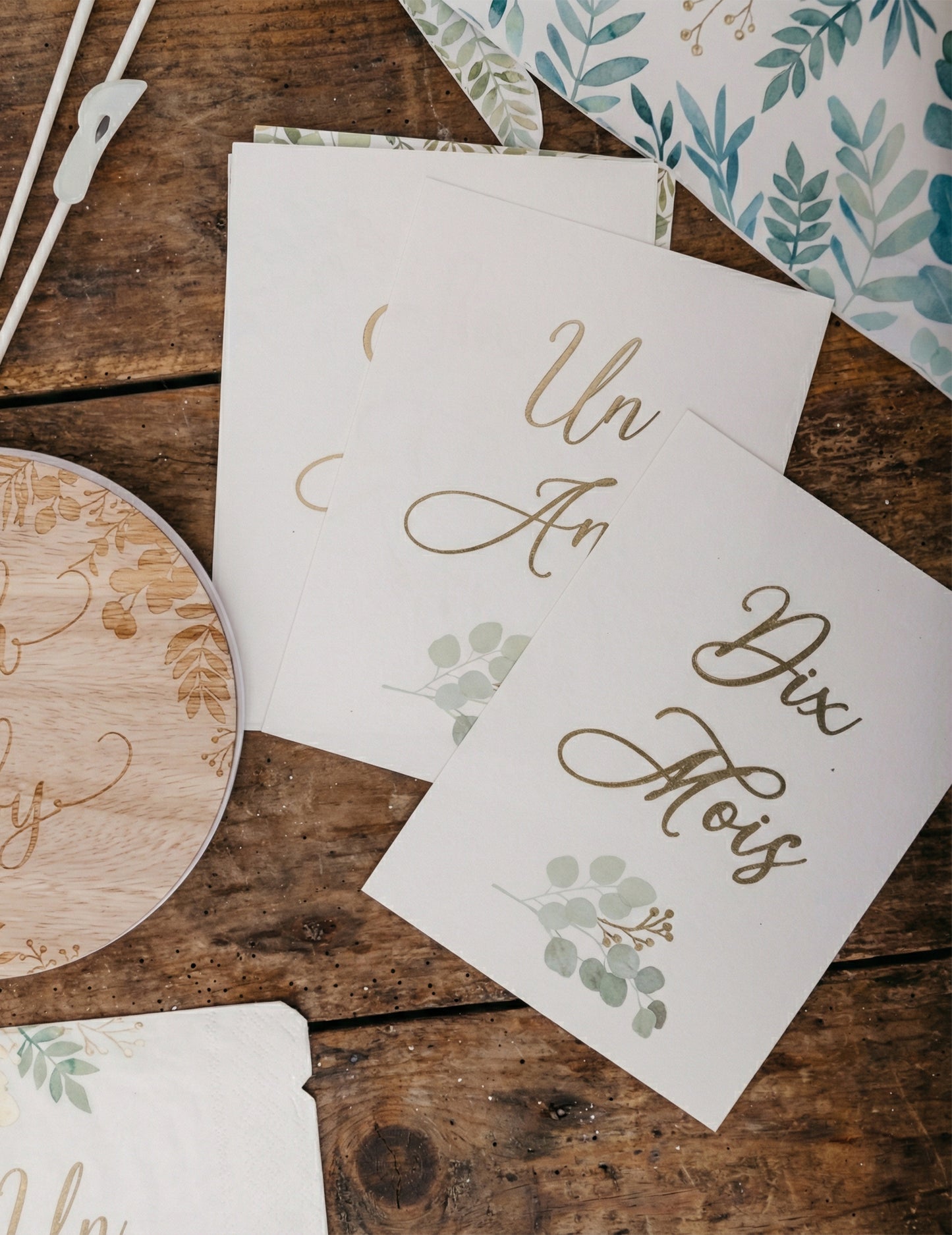 18 cartes étapes Première année Oh Baby pour bébé avec pochette liège marron et motifs eucalyptus