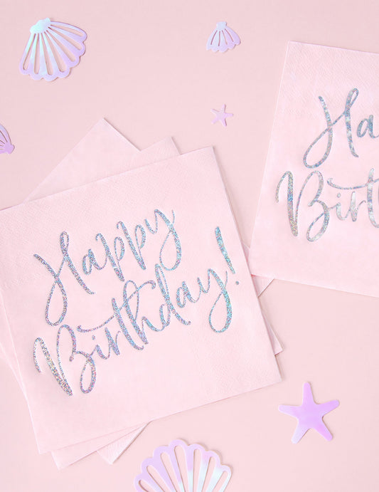 Serviettes en papier Happy Birthday pour fête roses et iridescent