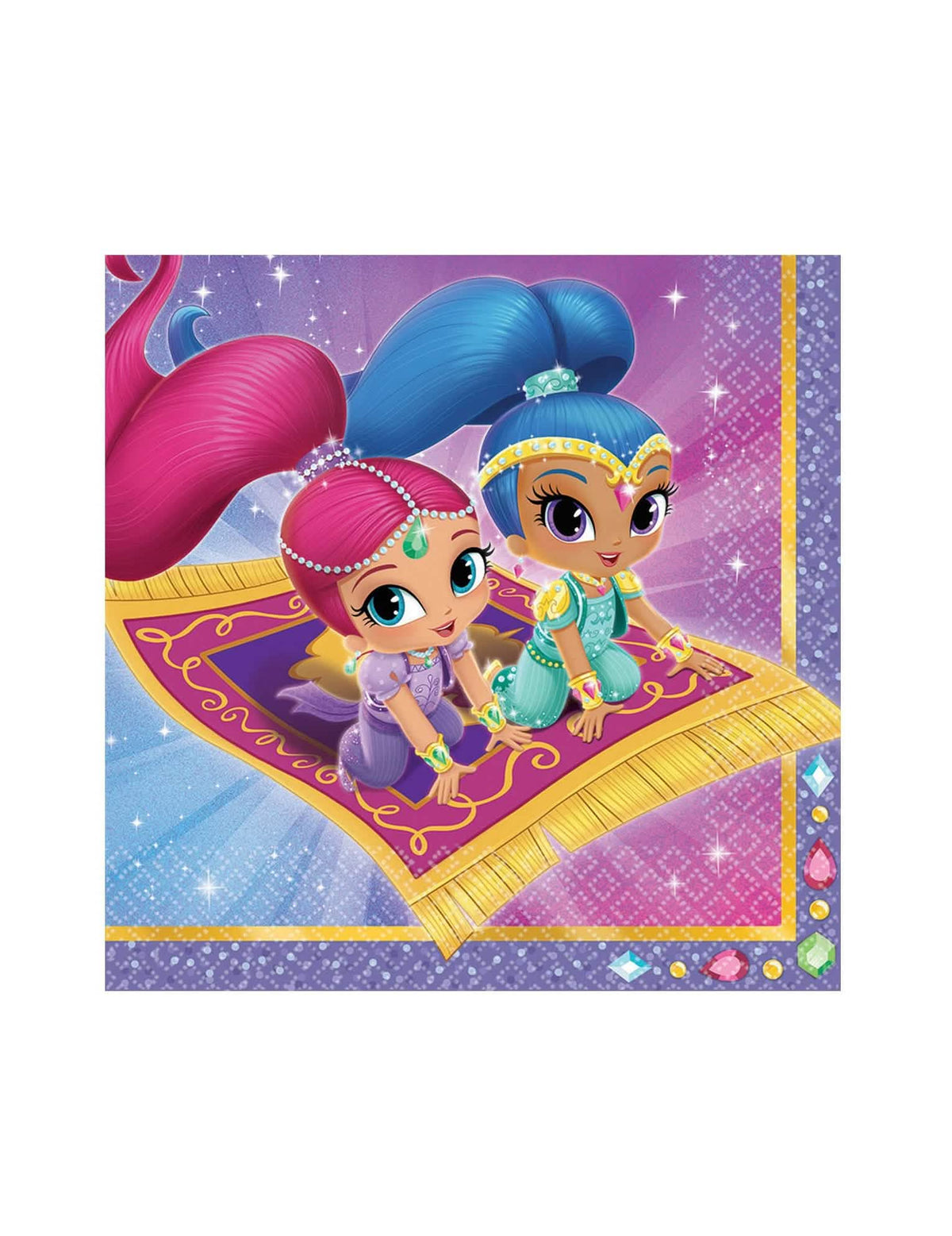 Shimmer- ja Shine-servietit lapsille, violetit ja vaaleanpunaiset, joissa on lampunhenkiä lentävällä matolla