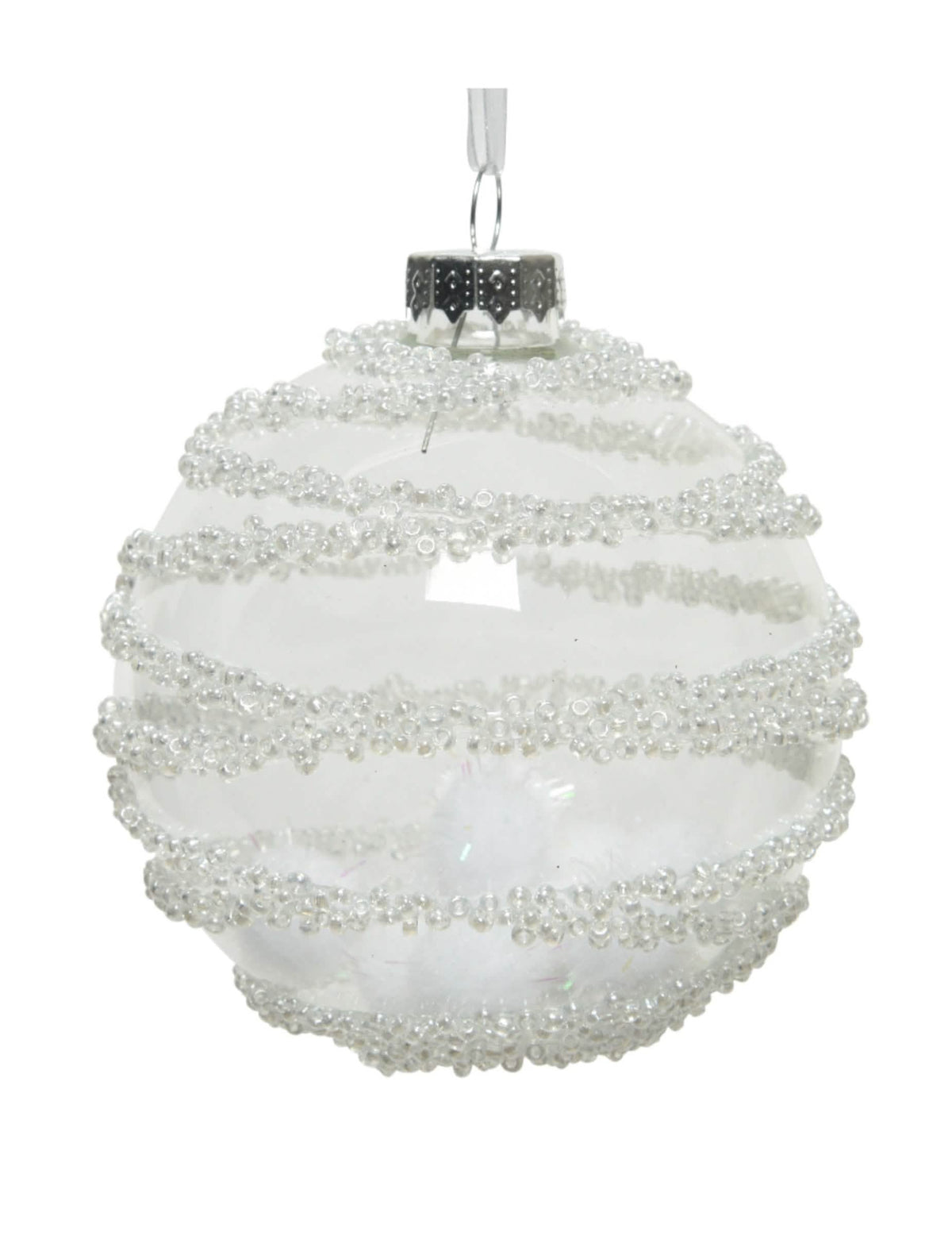 Boule en verre décor neige pour décoration de Noël transparente avec pompons blancs