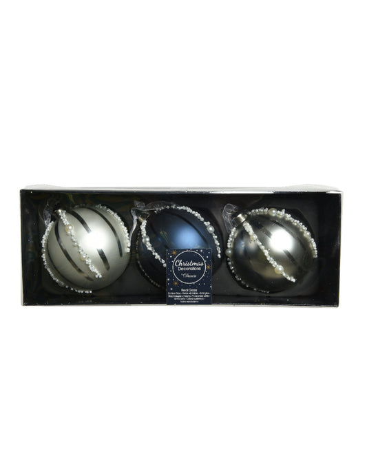 Boîte de présentation des boules de Noël en verre avec perles bleu marine et argent effet nacré