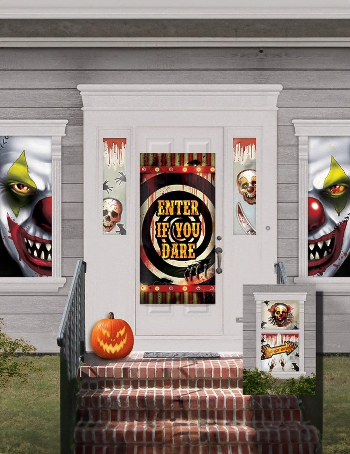 halloween-kodin koristelu klovnien värikkäisiin juhliin julisteilla ja verisillä tarroilla