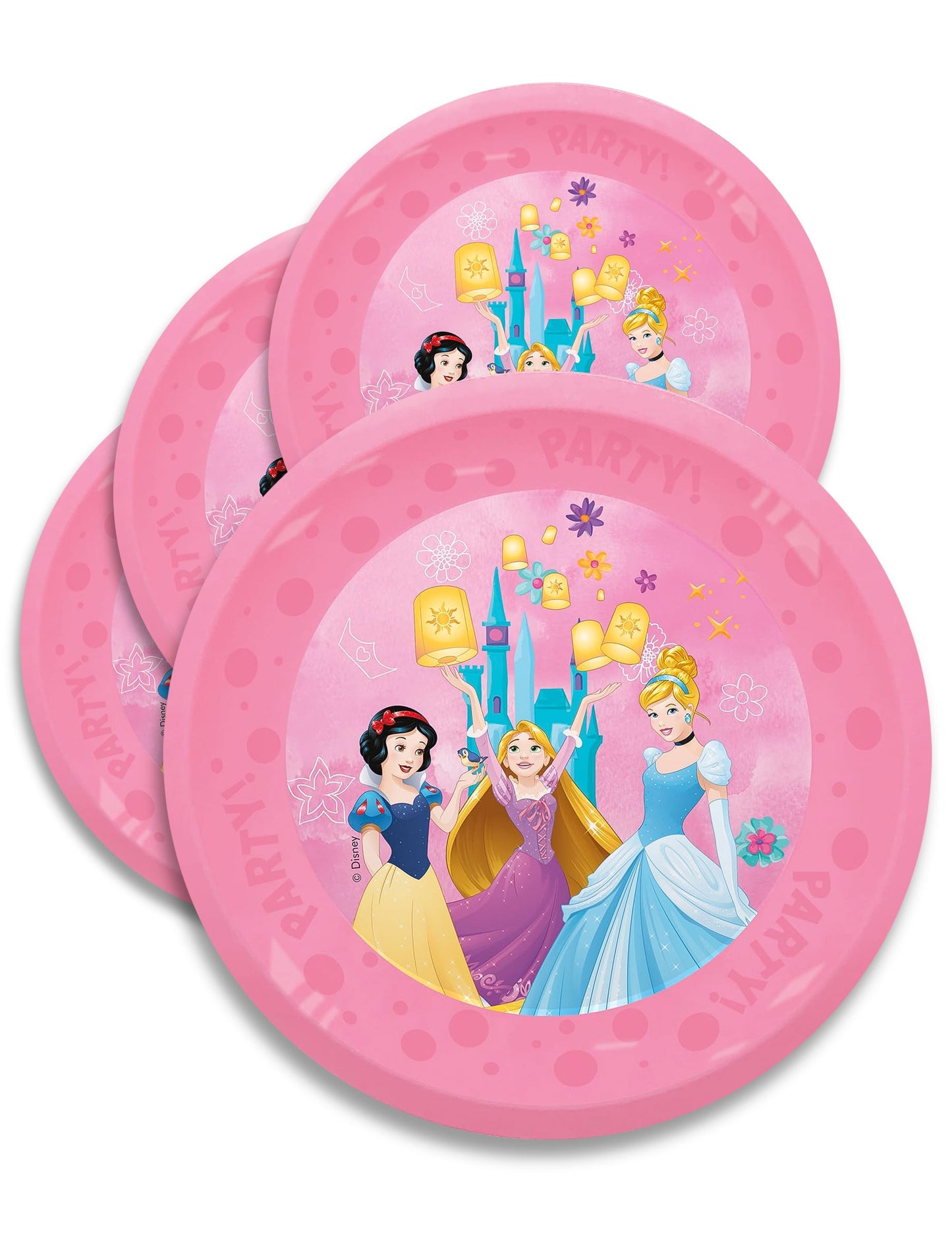 Assiettes réutilisables Princesses pour enfant roses avec Cendrillon Raiponce et Blanche-Neige