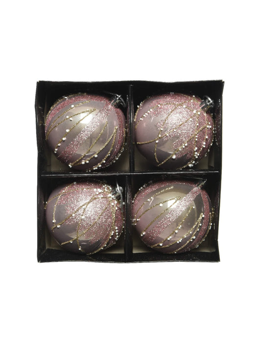 Vue dans leur boîte des boules de Noël paillettes rose et or avec perles