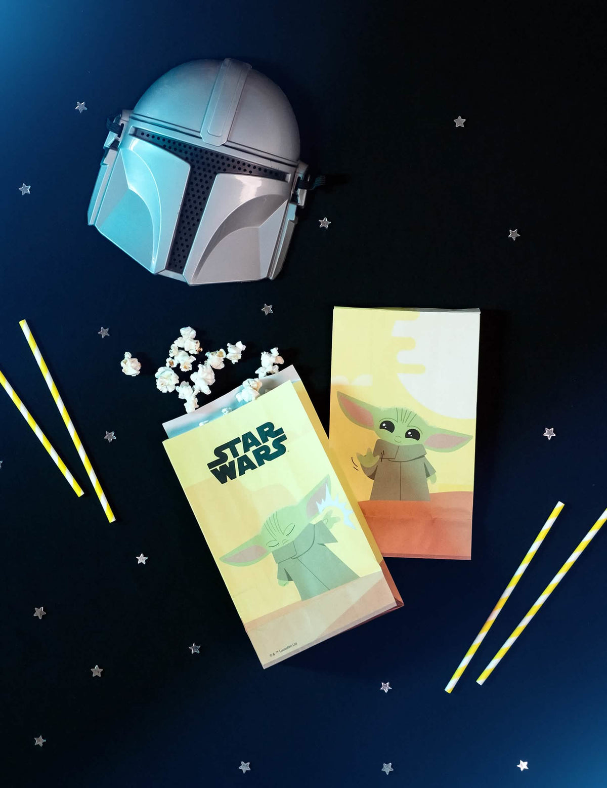 Lavastus maskilla ja popcornilla paperipusseihin vauvat Yoda The Mandalorian