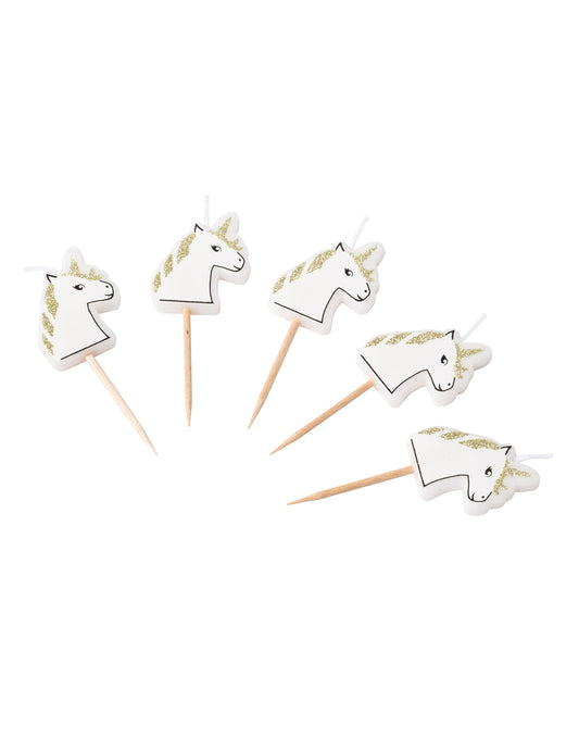 Vue d'ensemble du lot de 5 bougies sur pic licorne paillettes champagne