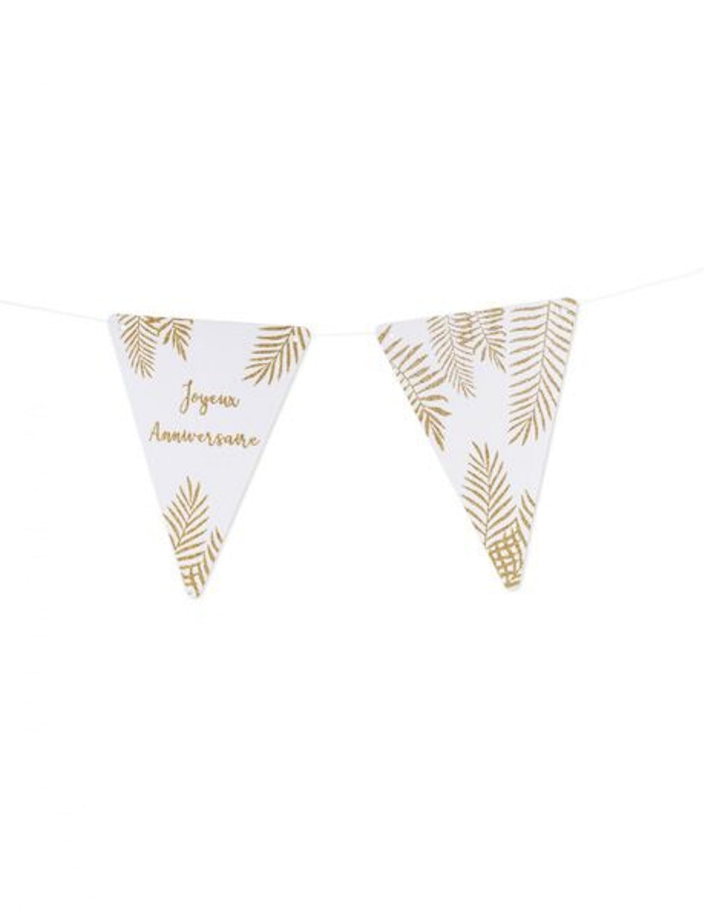 Détail du message Joyeux Anniversaire et des motifs des fanions lettres thème fougères blanc et paillettes dorées