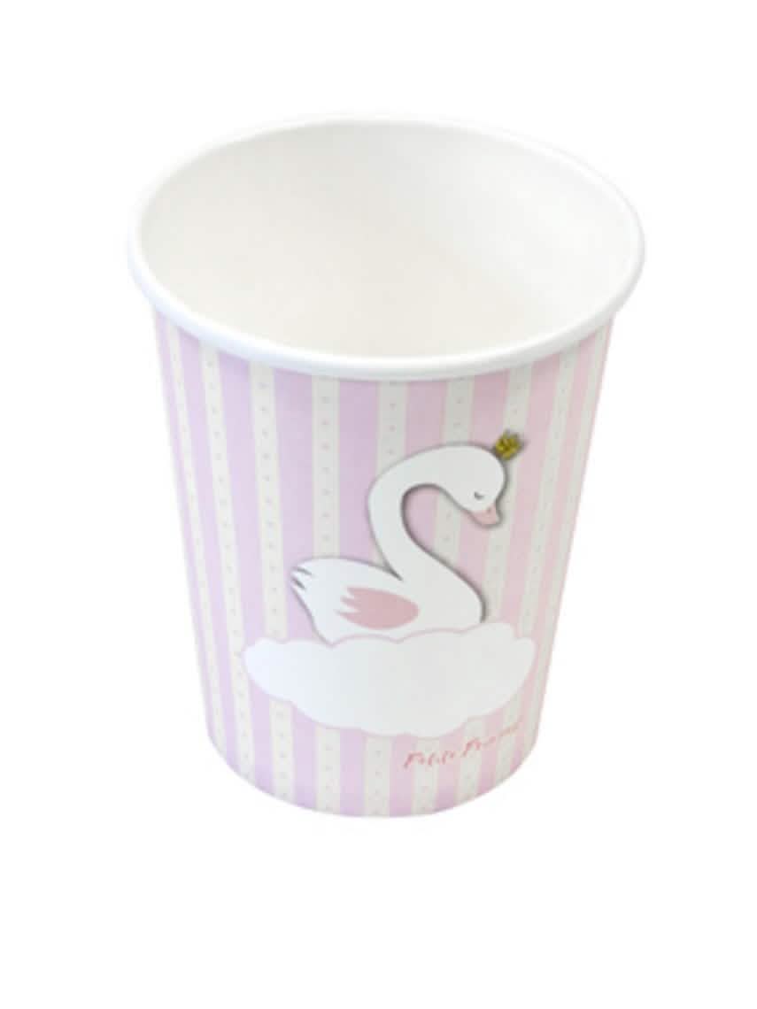 Gobelets en carton cygne rose et blanc à rayures avec cygne à couronne dorée