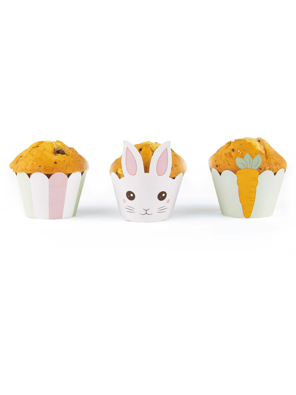 cupcake-muotoiset pupun pääsiäismuffinssivuoat valkoisina porkkanakuviolla