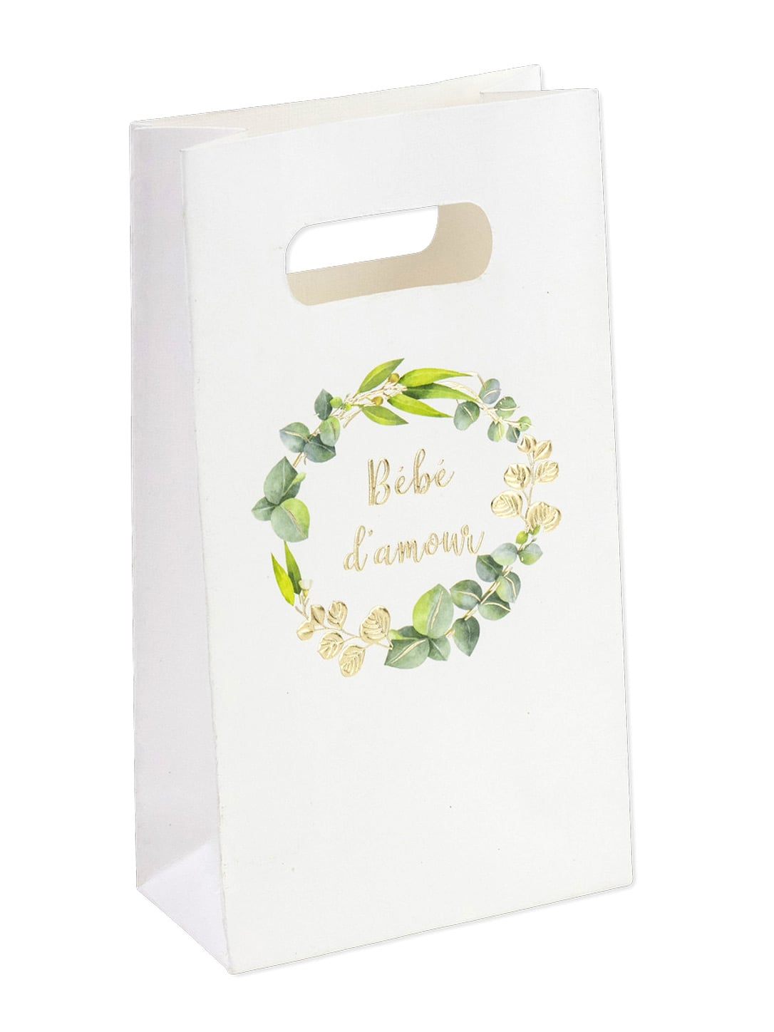 Sachets goodies bébé d'amour eucalyptus pour baby shower blanc avec dorure or
