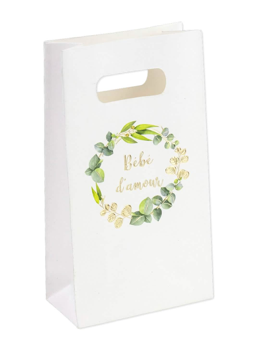 Sachets goodies bébé d'amour eucalyptus pour baby shower blanc avec dorure or