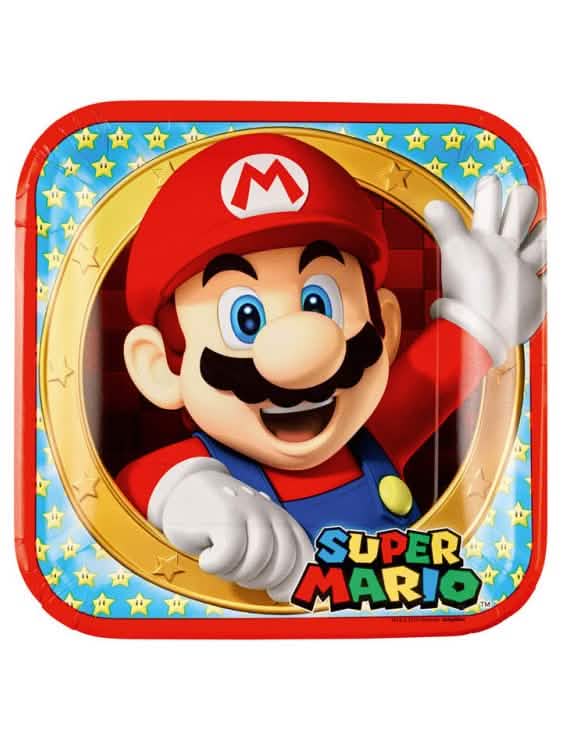 Pahviset lautaset Super Mario -juhlaan, punaiset ja siniset, tähtikuviolla