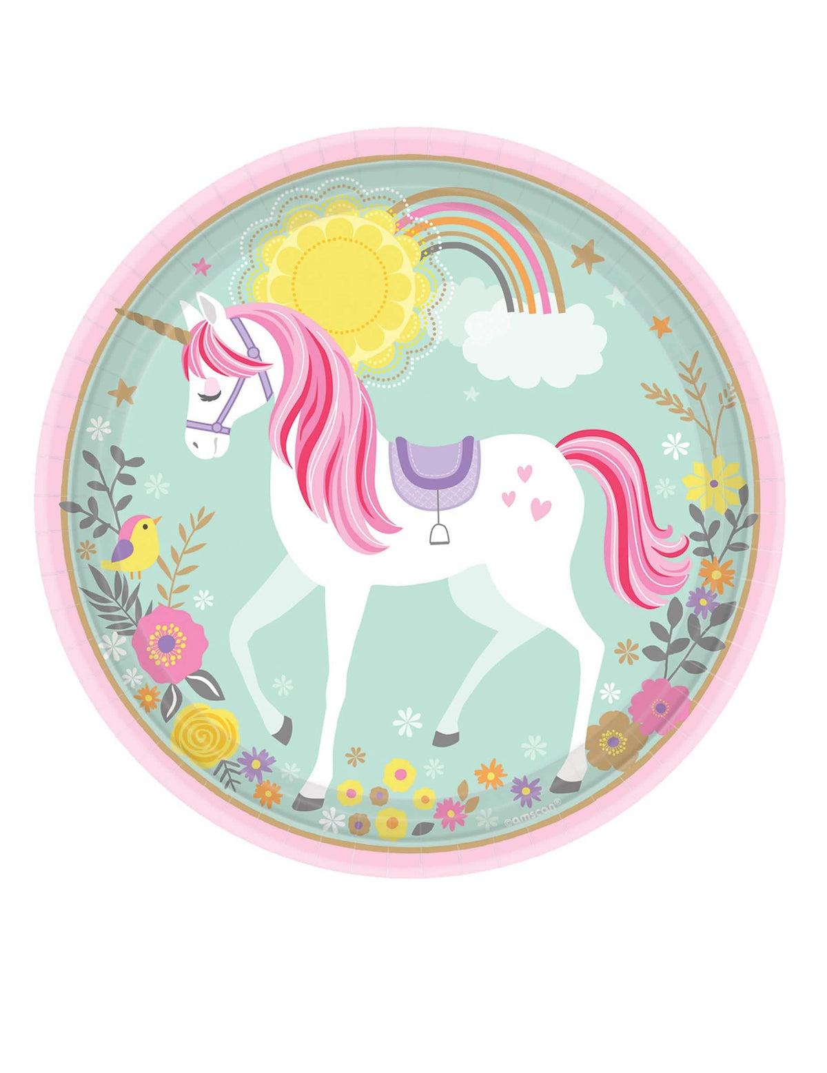 Assiettes en carton jolie licorne magique pour enfant rose et bleu pastel avec arc-en-ciel