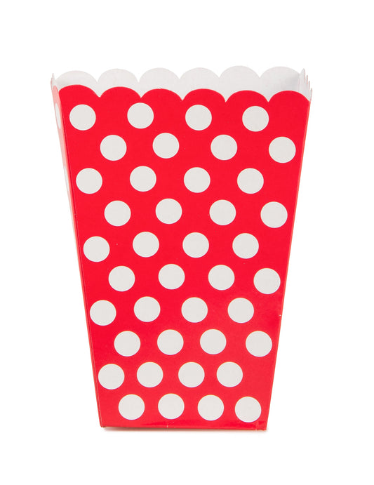 Vue de face de la boîte à pop corn rouge à pois blanc