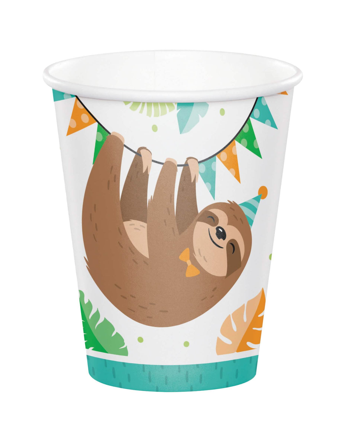 Gobelets en carton paresseux mignon pour anniversaire blanc avec illustration de paresseux suspendu