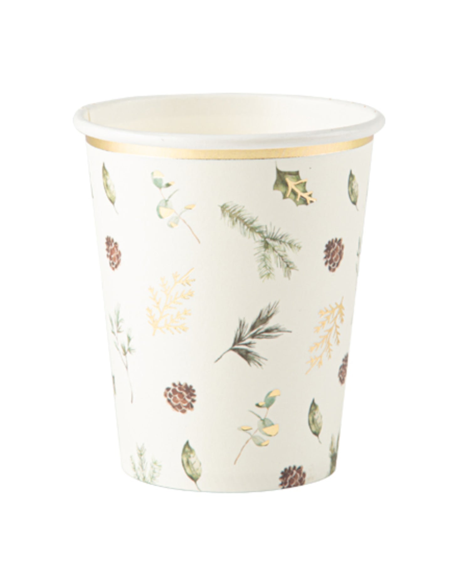 8 gobelets en carton forêt enchantée blancs avec motifs végétaux et liseré doré