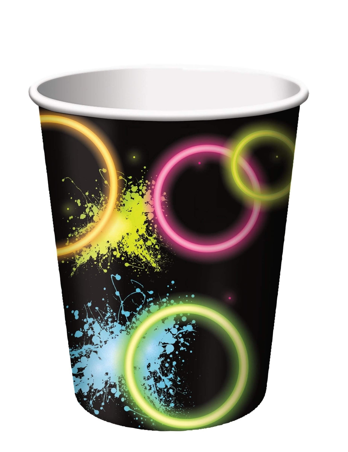 Pahviset Glow Party -kertakäyttökuppit juhliin, musta, värikkäillä neonkuvioilla