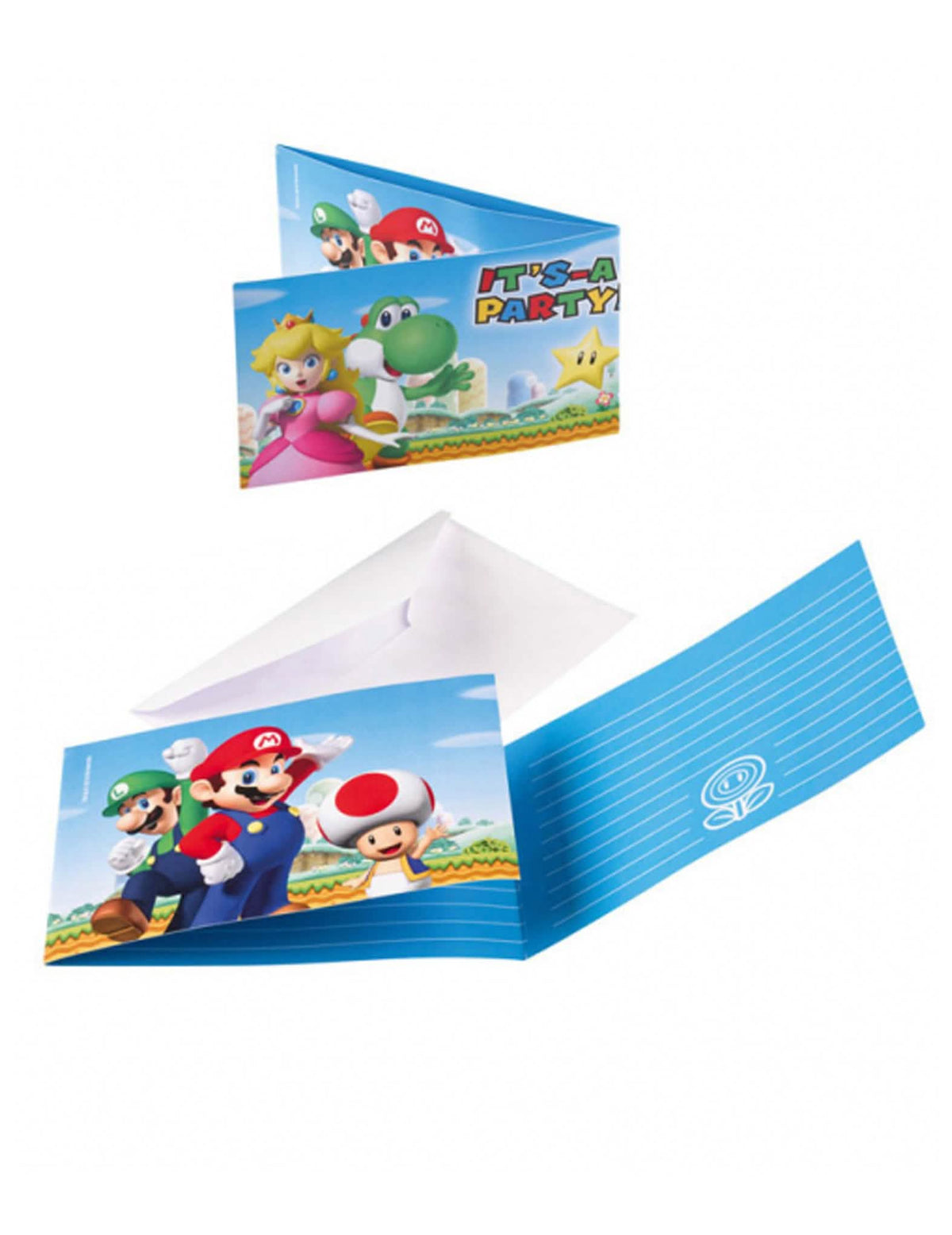 Super Mario -kutsut ja -kirjekuoret lapsille, siniset, hahmoilla ja valkoisilla kirjekuorilla