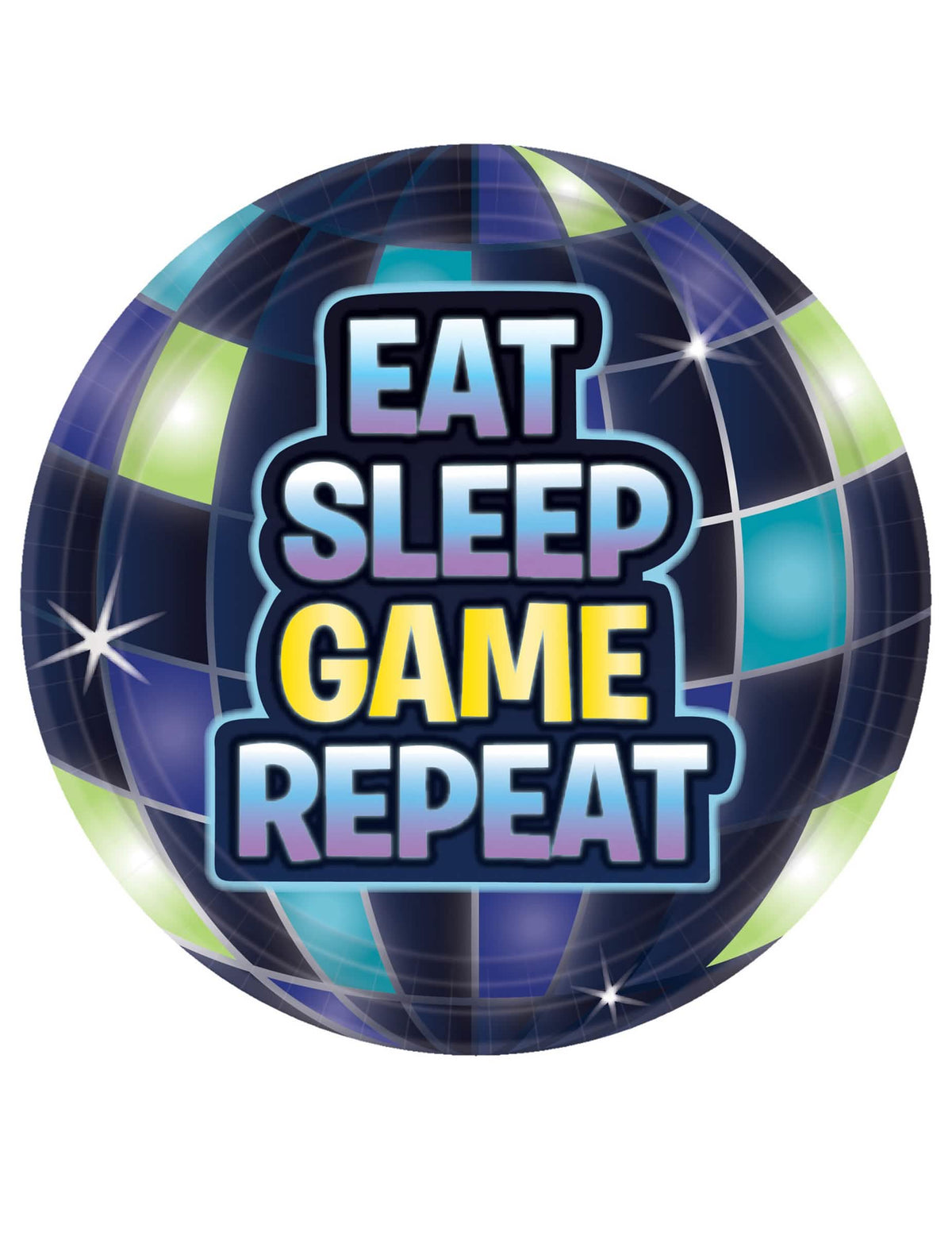 Pienet siniset ja vihreät Battle royale -paperilautaset tekstillä Eat Sleep Game Repeat