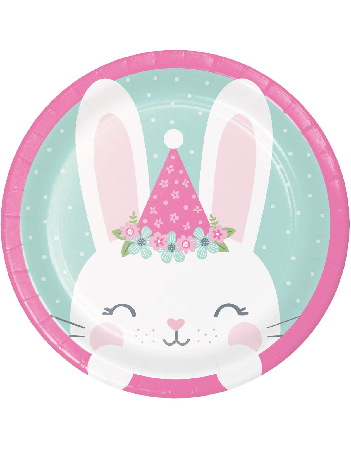 Petites assiettes en carton petit lapin pour anniversaire menthe et rose