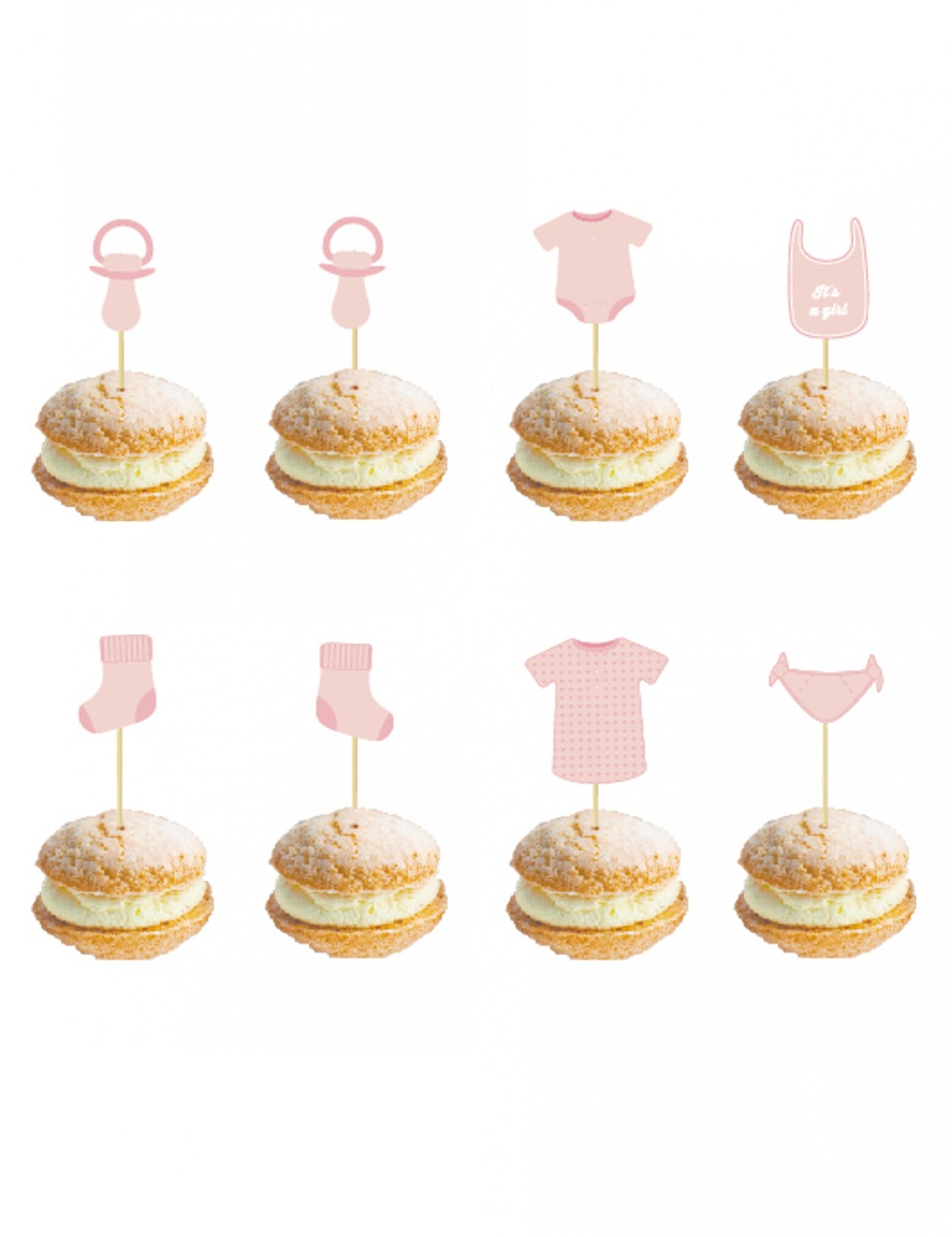 Pics en bois bébé pour baby shower rose aux motifs variés