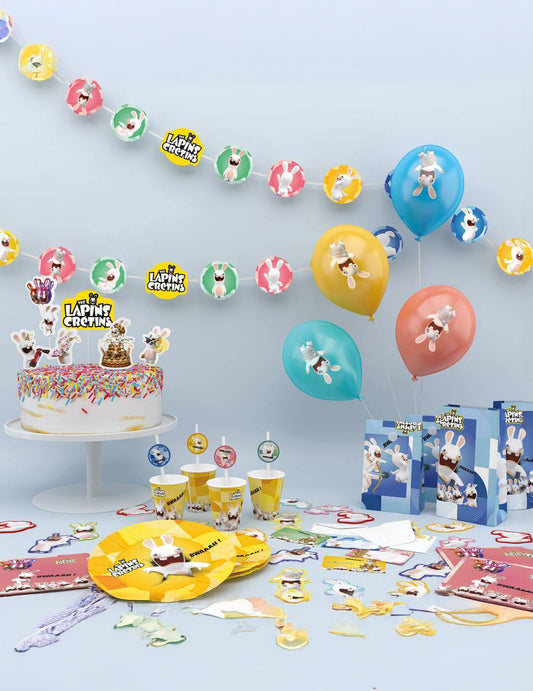Mise en scène de la décoration de fête des 8 Sacs cadeaux Lapins crétins