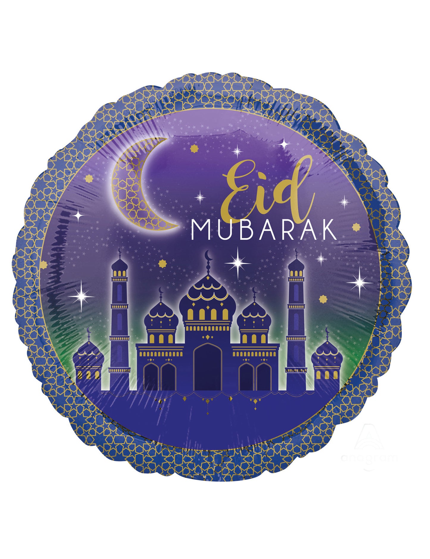 Ballon aluminium Aïd Mubarak pour décoration violet et bleu avec mosquée et croissant de lune dorée