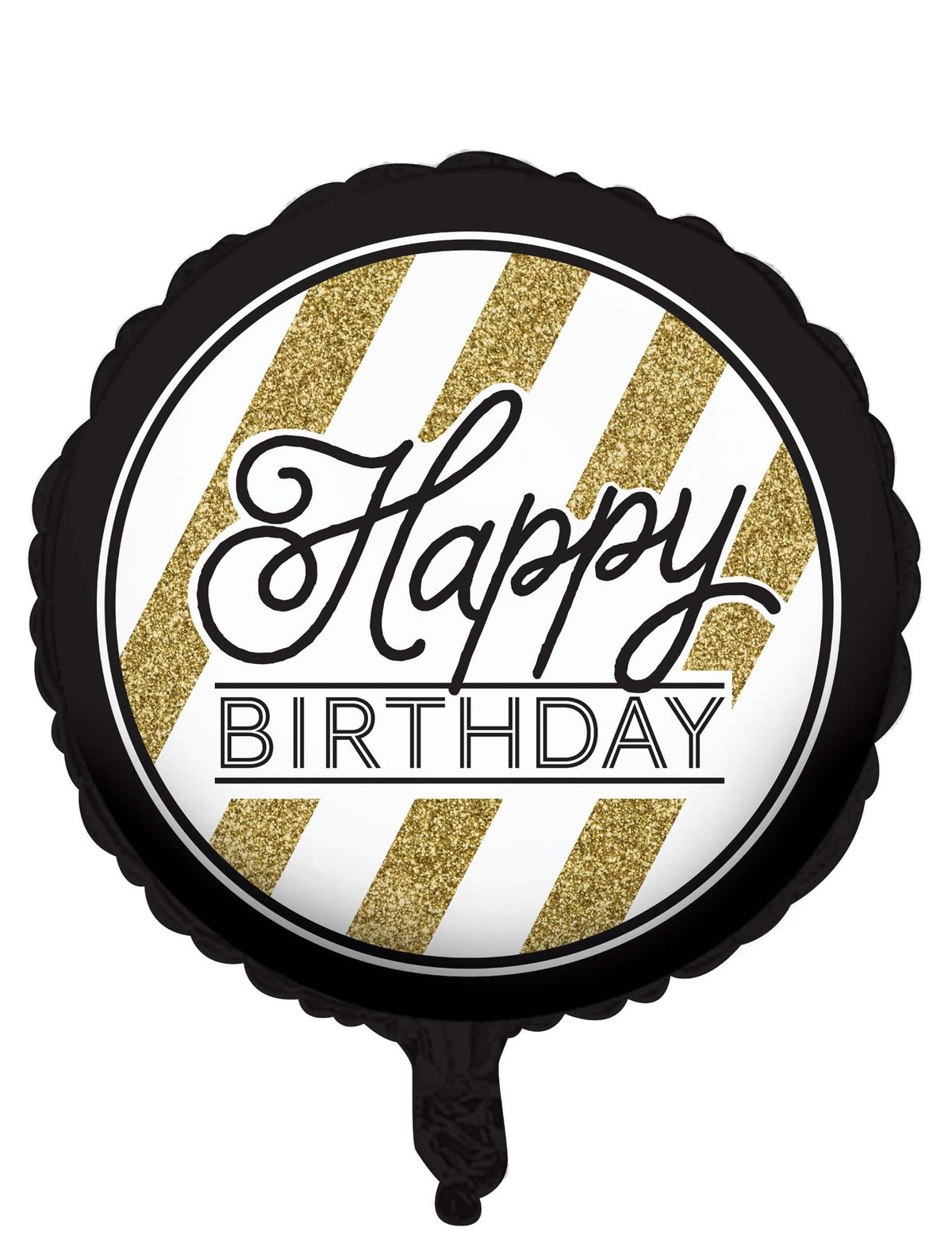 Ballon aluminium Happy Birthday pour anniversaire noir et or à rayures pailletées