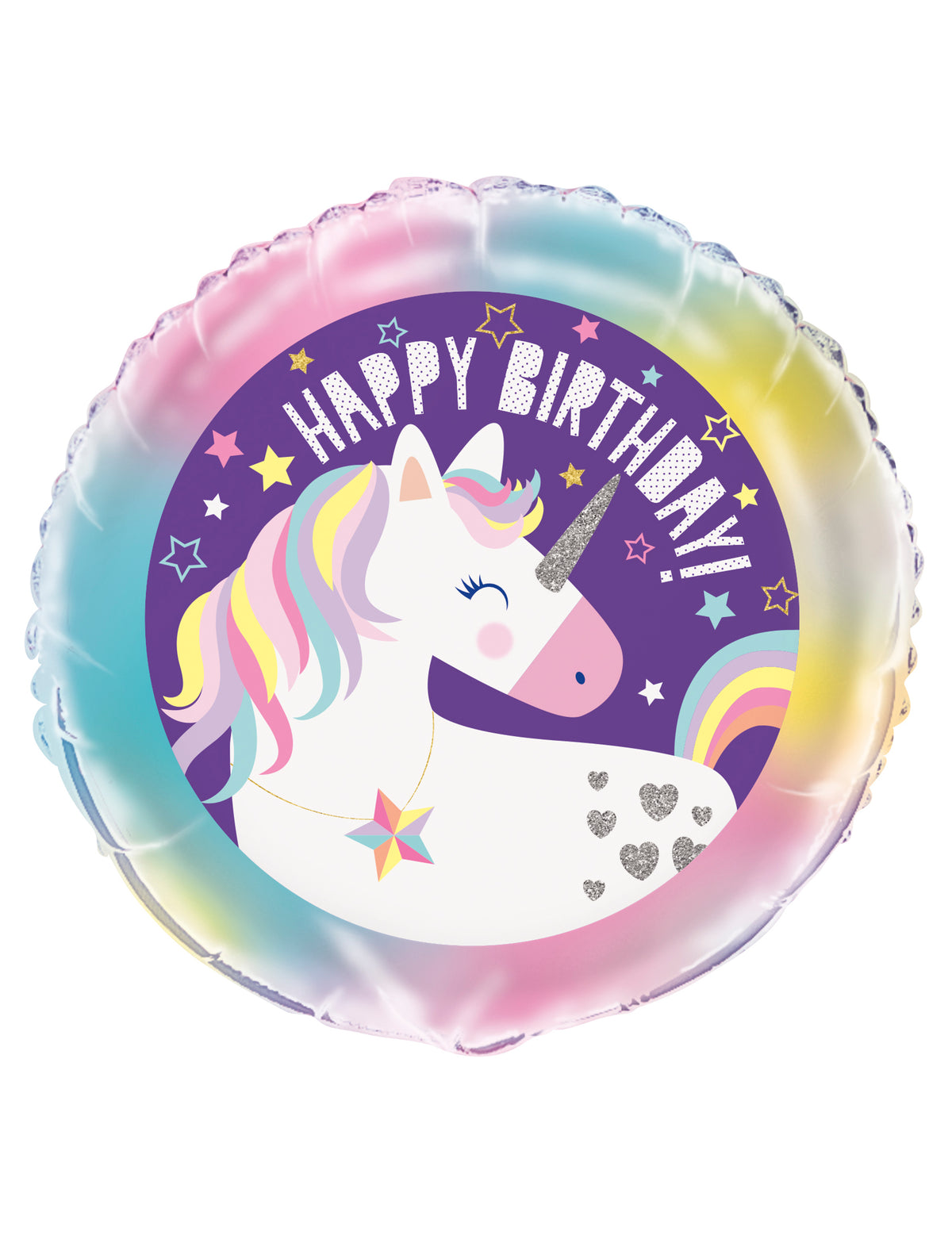 Ballon aluminium Happy Birthday licorne pour enfant violet et multicolore
