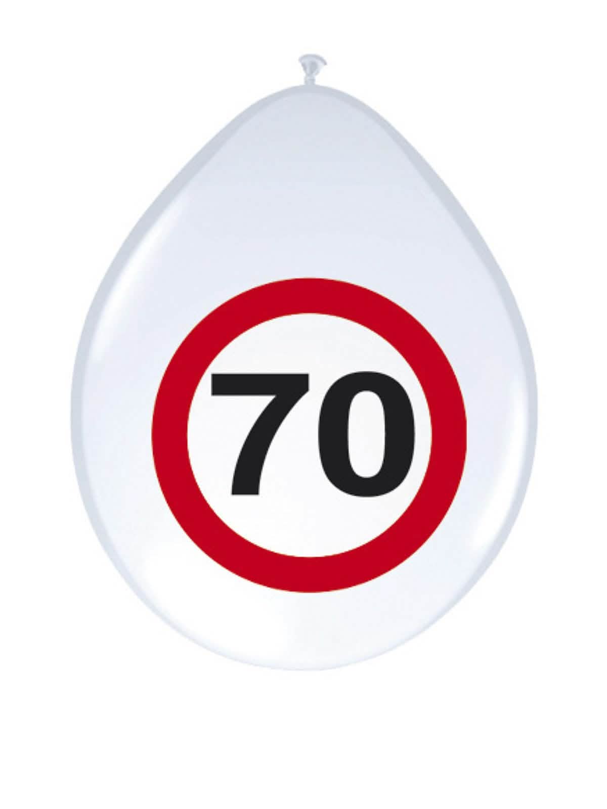 Ballon de baudruche 70 ans pour fête d'anniversaire blanc rouge et noir motif panneau de signalisation