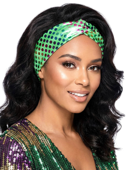 Gros plan sur le bandeau disco pour femme vert haut de gamme