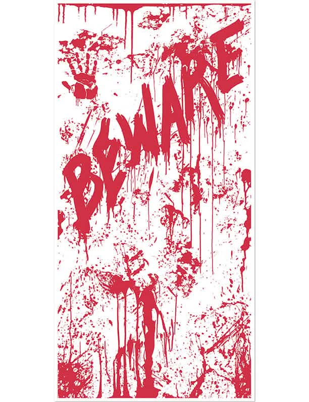Décoration de porte en sang BEWARE pour Halloween blanc et rouge avec empreinte de main