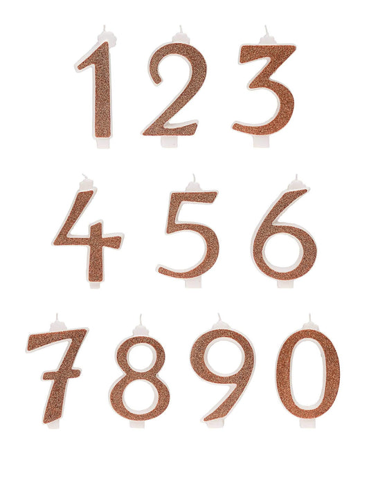 Vue d'ensemble des chiffres de 0 à 9 de la bougie d'anniversaire chiffre pour fête rose gold à paillettes