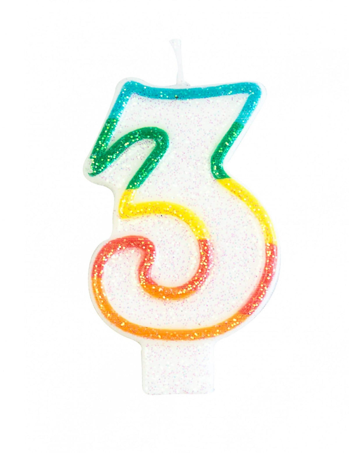 Synttärikynttilä numero 3 valkoiseen juhlaan, jossa on sateenkaaren glitteriä