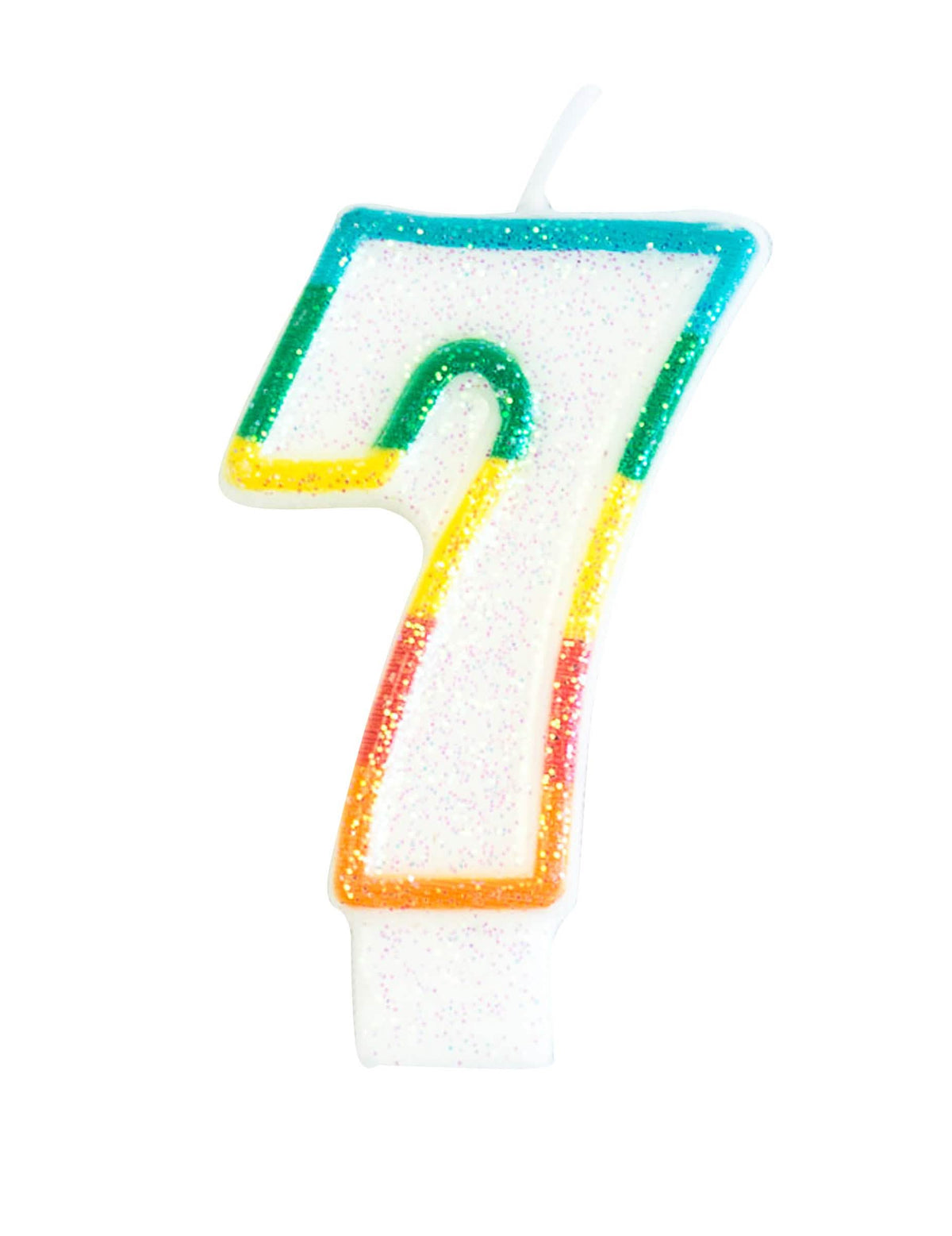 Syntymäpäiväkynttilä numero 7, valkoinen kimalteleva, sateenkaarenvärisellä reunuksella