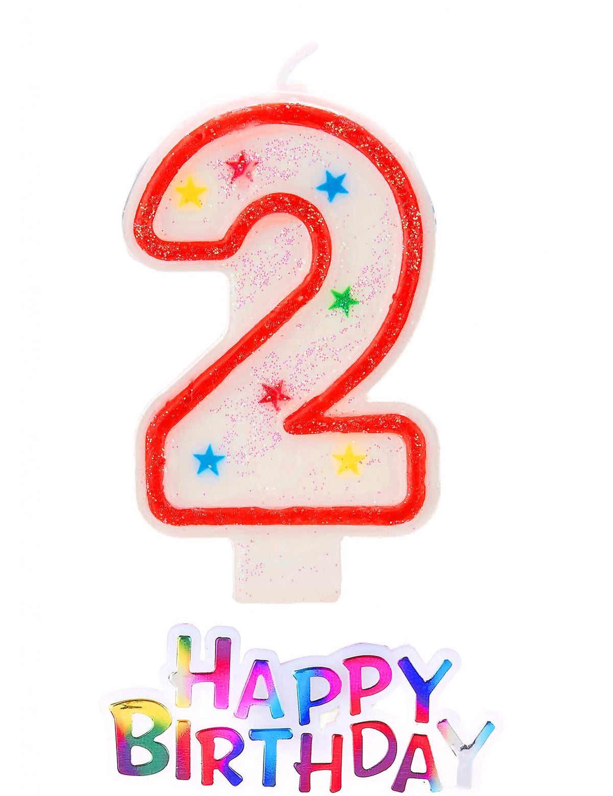 Tähtikynttilä numero 2 kimalteleva happy birthday synttäreille valkoinen ja punainen