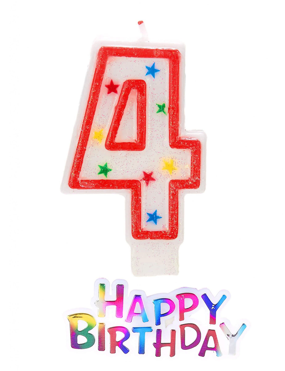 Tähtikynttilä numero 4 kimalteleva happy birthday synttäreille valkoinen punaisella reunuksella