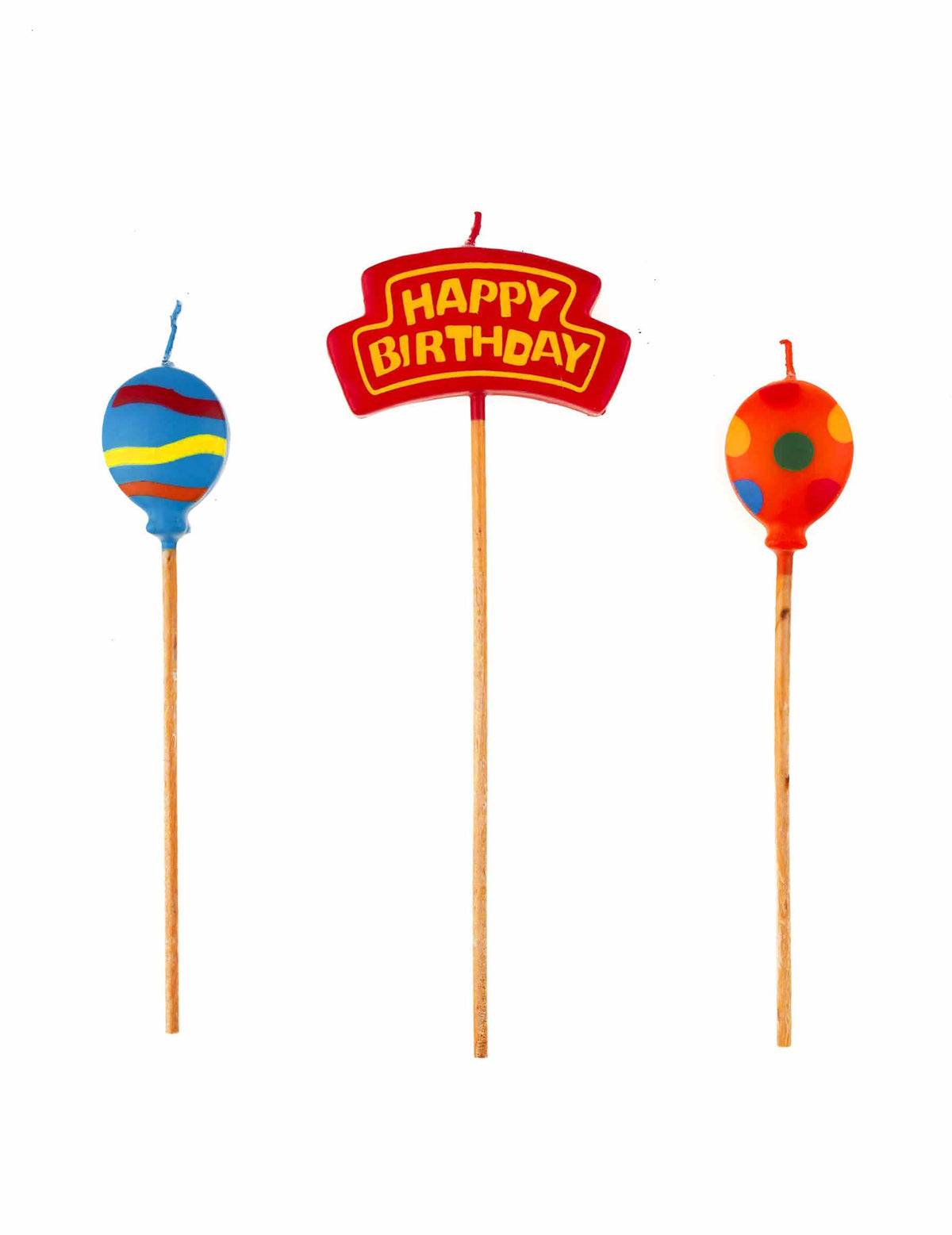 moniväriset Happy Birthday -kynttilät ilmapallokuvioilla