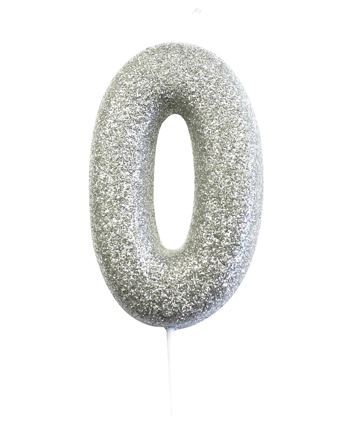 Bougie sur pique chiffre 0 pour gâteau argent pailleté