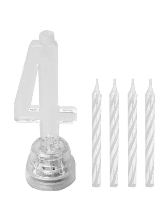 Détail du support transparent et des bougies blanches de la bougie lumineuse LED chiffre 4