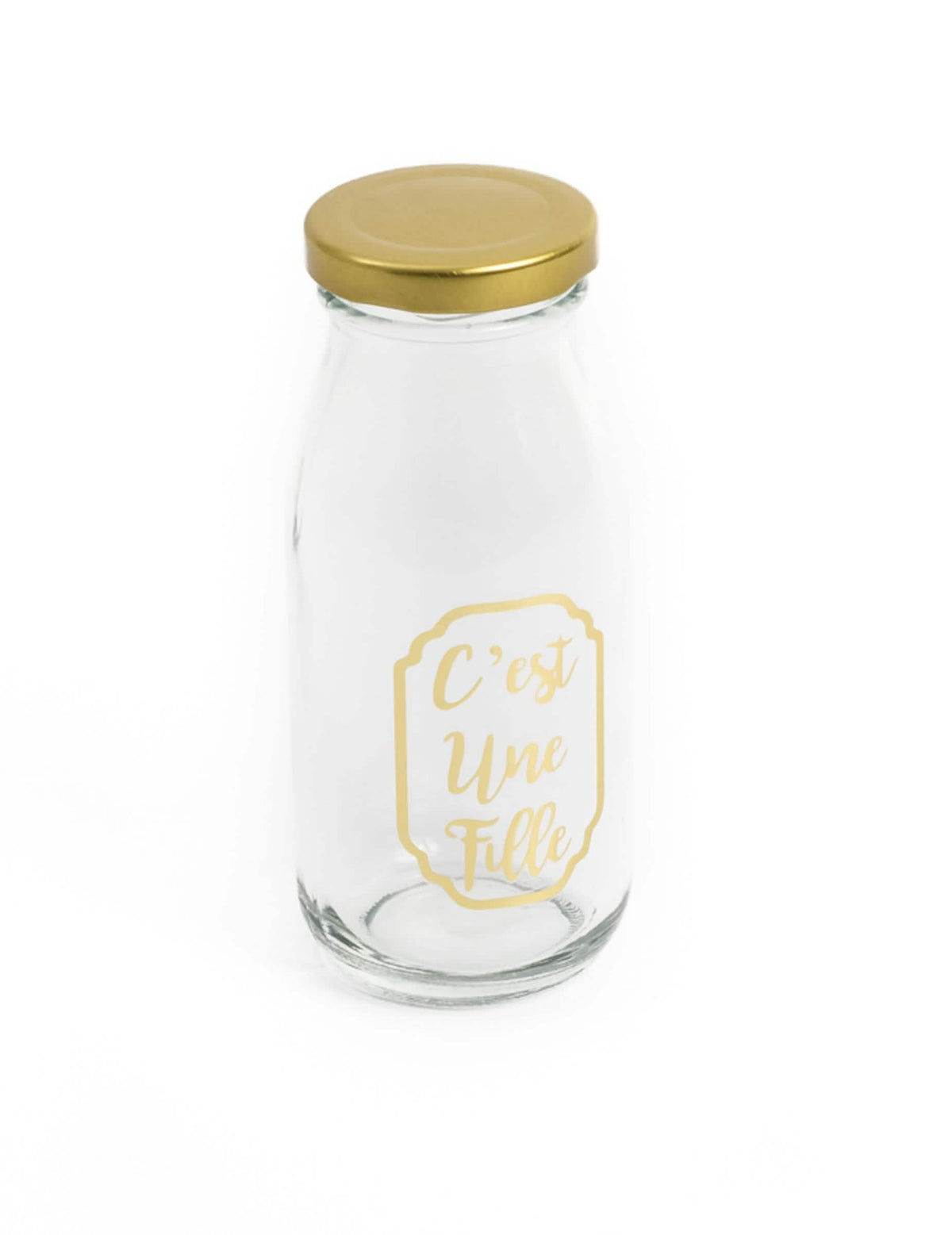 Bouteille candy bar C'est une fille pour baby shower en verre et or