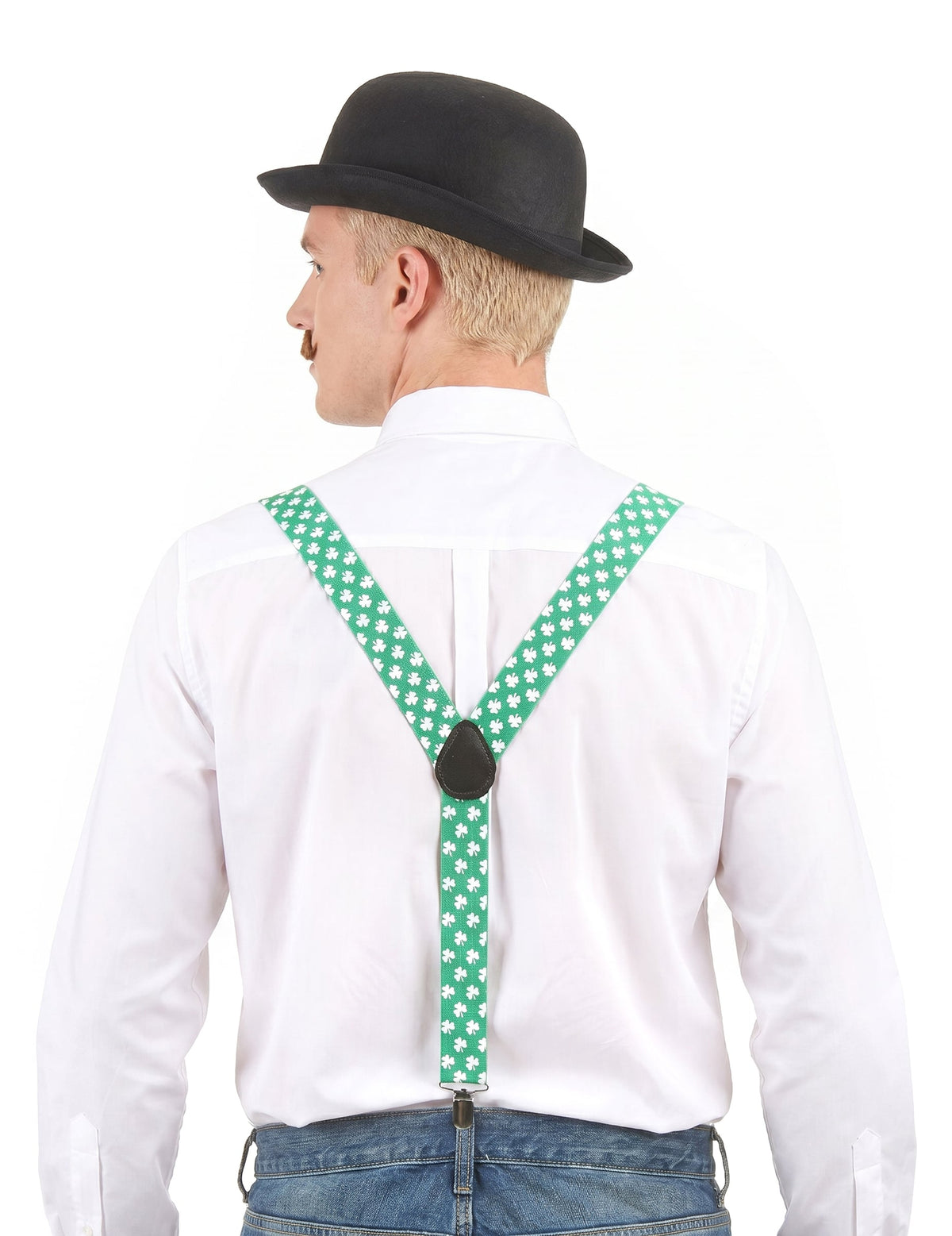St. Patrick's Day - aikuisten vihreät henkselit valkoisilla apilakoristeilla