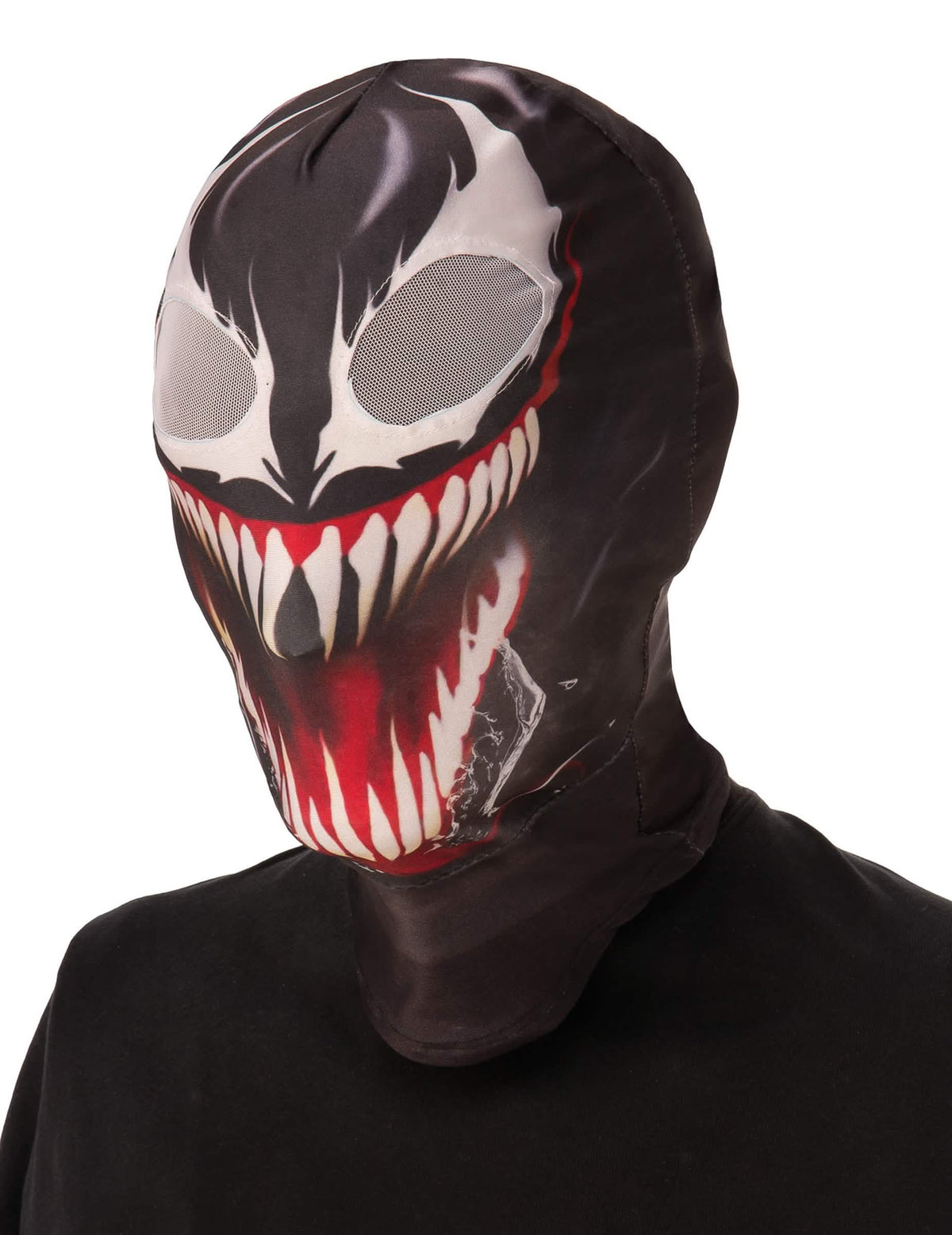 Venom-aikuiset balaklava musta, terävät hampaat ja suuret valkoiset silmät